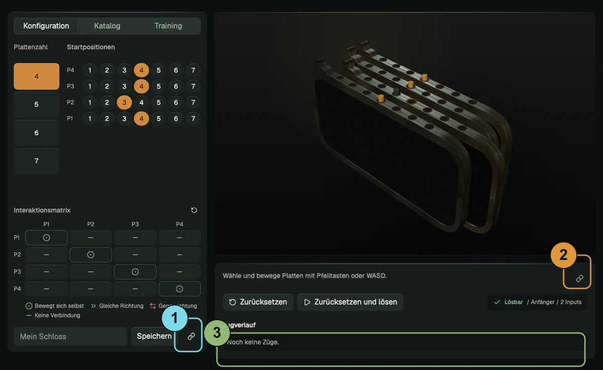 Beschrifteter Lockpicker mit Lock-Link, Fortschritts-Link und Zugverlauf.