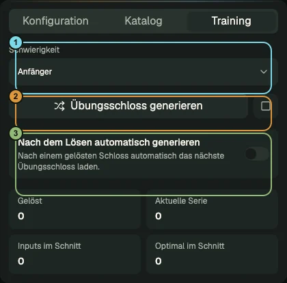 Beschrifteter Trainingsbereich mit Schwierigkeit, Generierung, automatischem nächsten Schloss und lokaler Statistik.