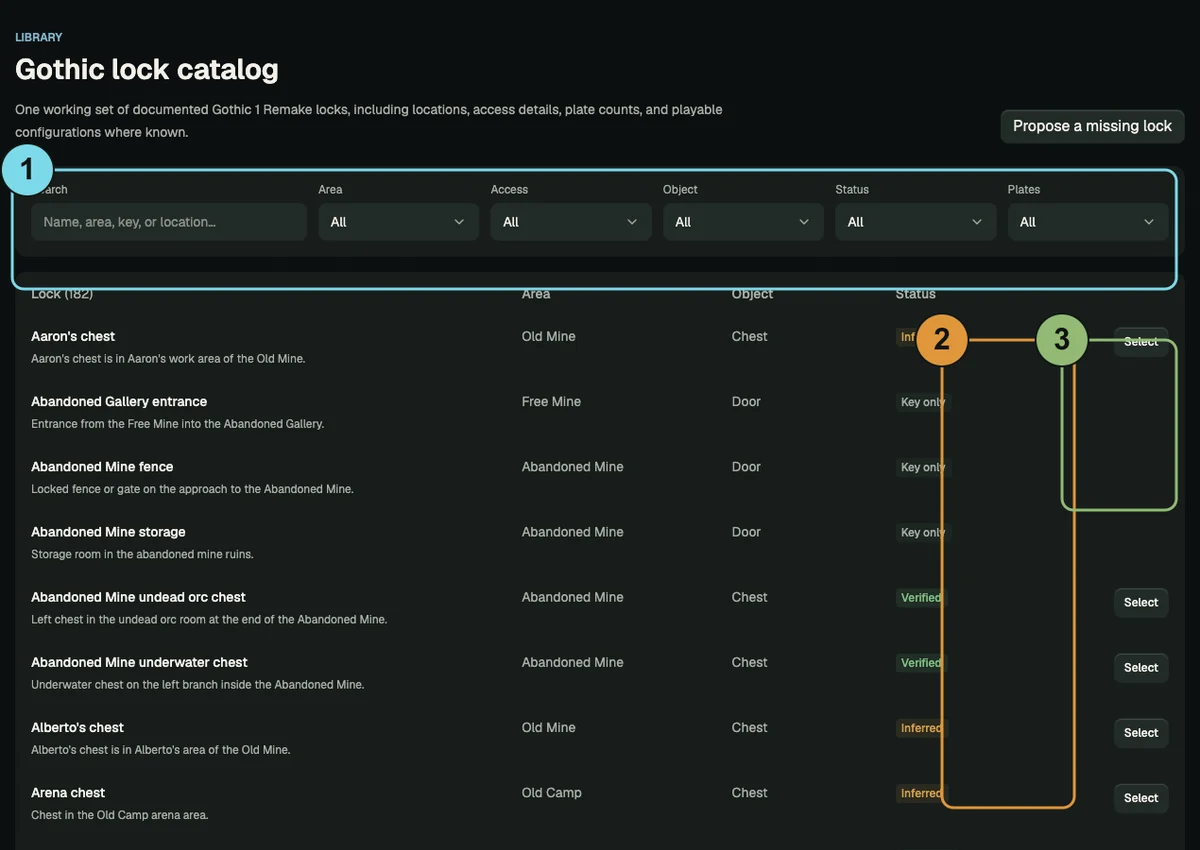 Annotated lock catalog showing search and filters, status badges, and the Select action.