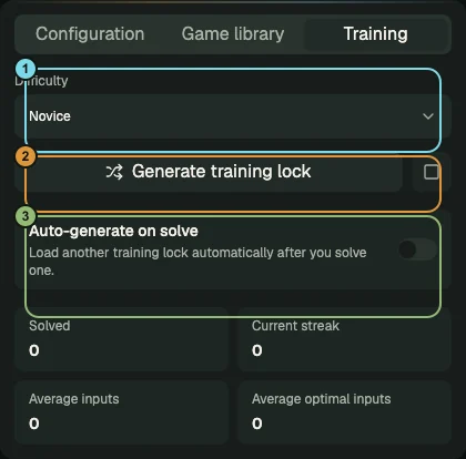 Annotated Training tab showing difficulty, generation controls, auto-generation, and local statistics.