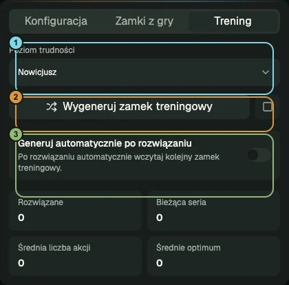 Opisany panel treningu z trudnością, generowaniem, trybem automatycznym i lokalnymi statystykami.